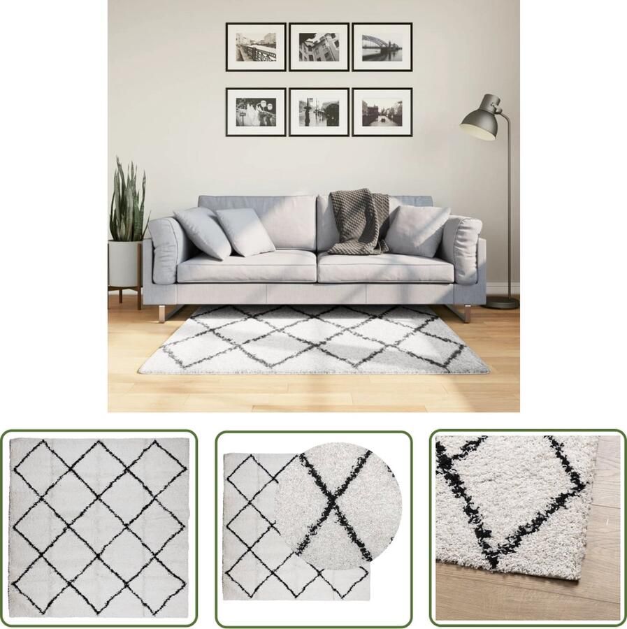 The Living Store Vloerkleed PAMPLONA shaggy hoogpolig 120x120 cm crème en zwart Shaggy Vloerkleed Polypropyleen Vloerkleed Creme Zwart Groot Vloerkleed Rond Vloerkleed - Foto 2