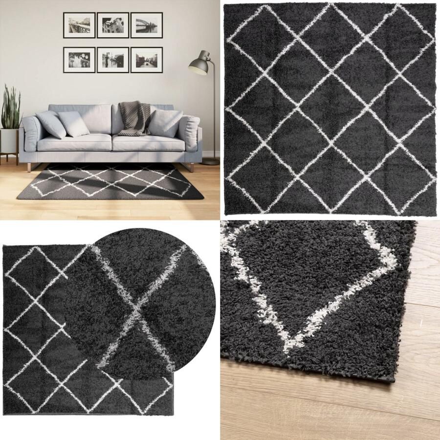 VidaXL Vloerkleed PAMPLONA shaggy hoogpolig 120x120 cm zwart en crème Vloerkleed Vloerkleden Tapijt Vloerbedekking