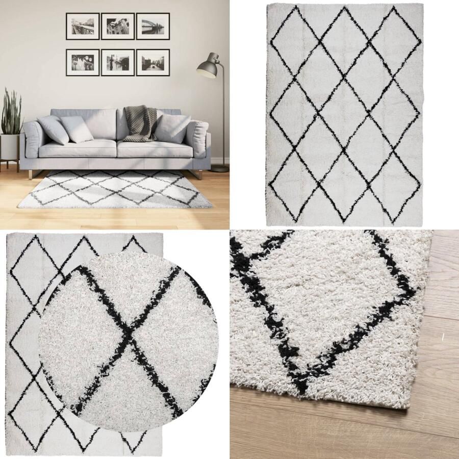 VidaXL Vloerkleed PAMPLONA shaggy hoogpolig 120x170 cm crème en zwart Vloerkleed Vloerkleden Tapijt Vloerbedekking