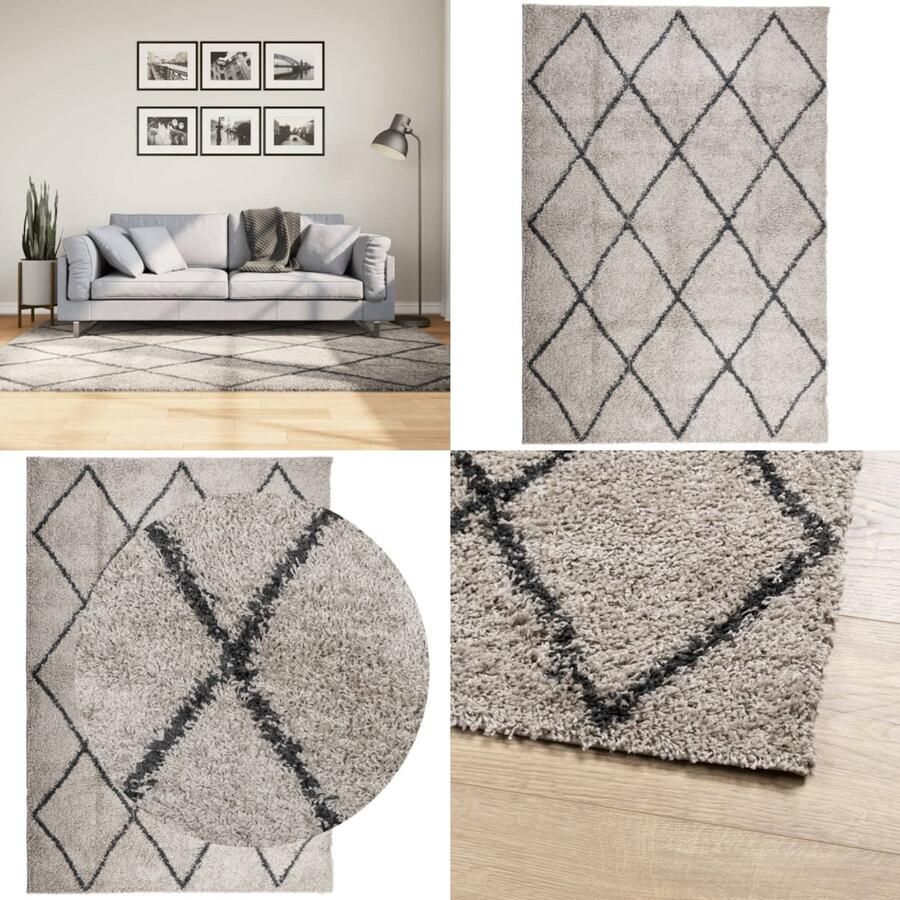 VidaXL Vloerkleed PAMPLONA shaggy hoogpolig 140x200 cm beige antraciet Vloerkleed Vloerkleden Tapijt Vloerbedekking