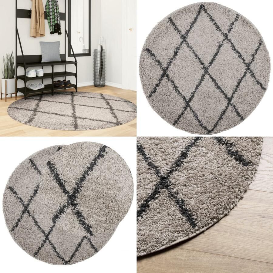 VidaXL Vloerkleed PAMPLONA shaggy hoogpolig Ø 160 cm beige antraciet Vloerkleed Vloerkleden Tapijt Vloerbedekking