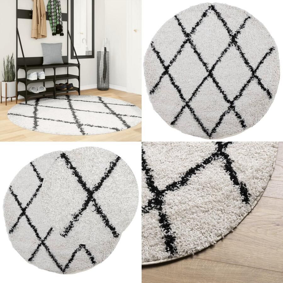 The Living Store Vloerkleed PAMPLONA shaggy hoogpolig Ø 160 cm crème en zwart Shaggy Vloerkleed Krullen Tapijten Rond Vloerkleed Creme Vloerkleed - Foto 2
