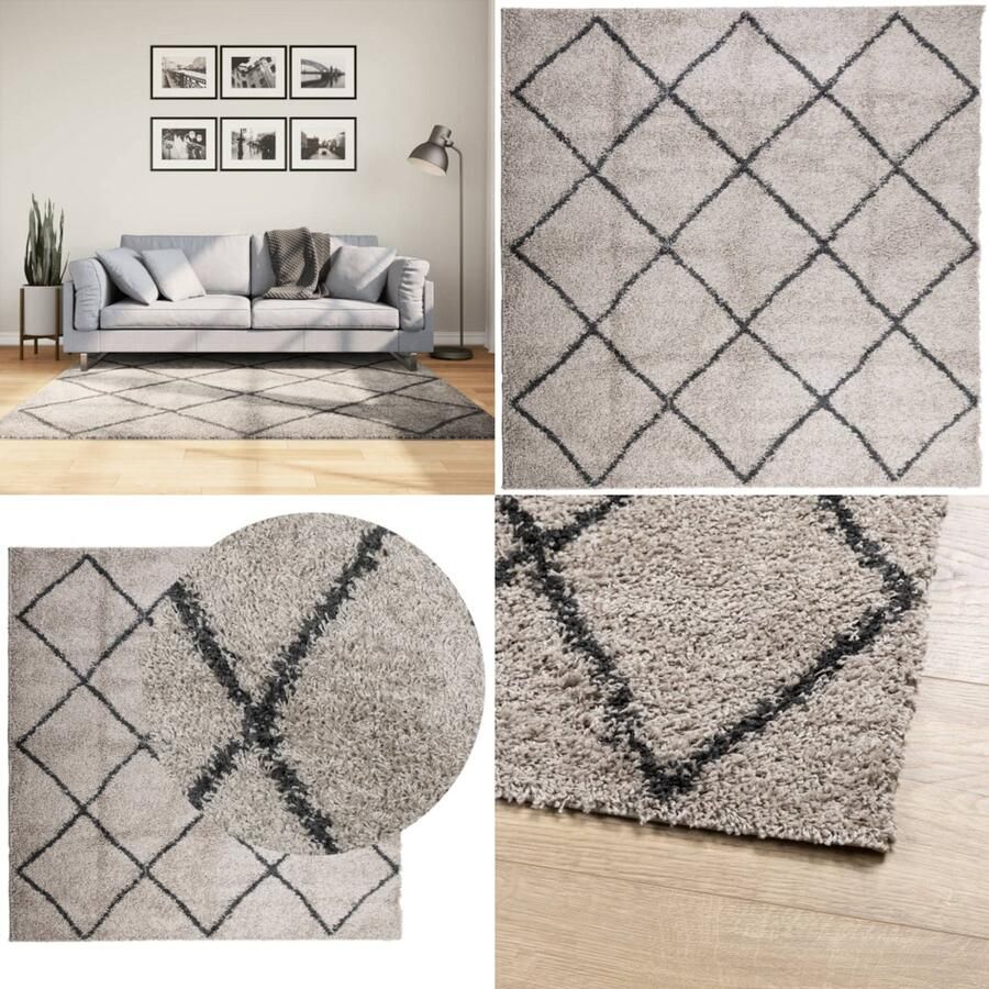 VidaXL Vloerkleed PAMPLONA shaggy hoogpolig 160x160 cm beige antraciet Vloerkleed Vloerkleden Tapijt Vloerbedekking