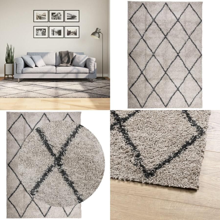 VidaXL Vloerkleed PAMPLONA shaggy hoogpolig 160x230 cm beige antraciet Vloerkleed Vloerkleden Tapijt Vloerbedekking