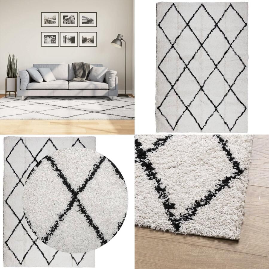 VidaXL Vloerkleed PAMPLONA shaggy hoogpolig 160x230 cm crème en zwart Vloerkleed Vloerkleden Tapijt Vloerbedekking