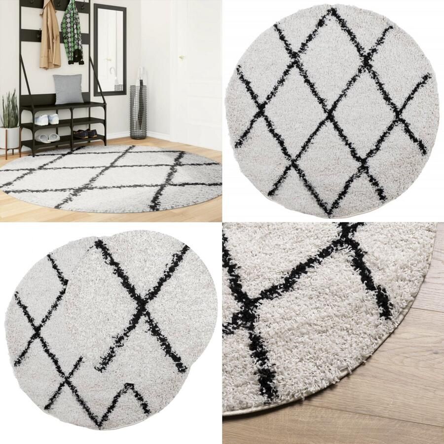 VidaXL Vloerkleed PAMPLONA shaggy hoogpolig Ø 200 cm crème en zwart Vloerkleed Vloerkleden Tapijt Vloerbedekking