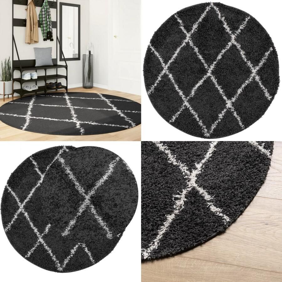 VidaXL Vloerkleed PAMPLONA shaggy hoogpolig Ø 200 cm zwart en crème Vloerkleed Vloerkleden Tapijt Vloerbedekking