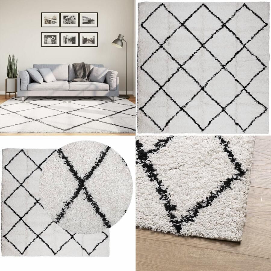 VidaXL Vloerkleed PAMPLONA shaggy hoogpolig 200x200 cm crème en zwart Vloerkleed Vloerkleden Tapijt Vloerbedekking