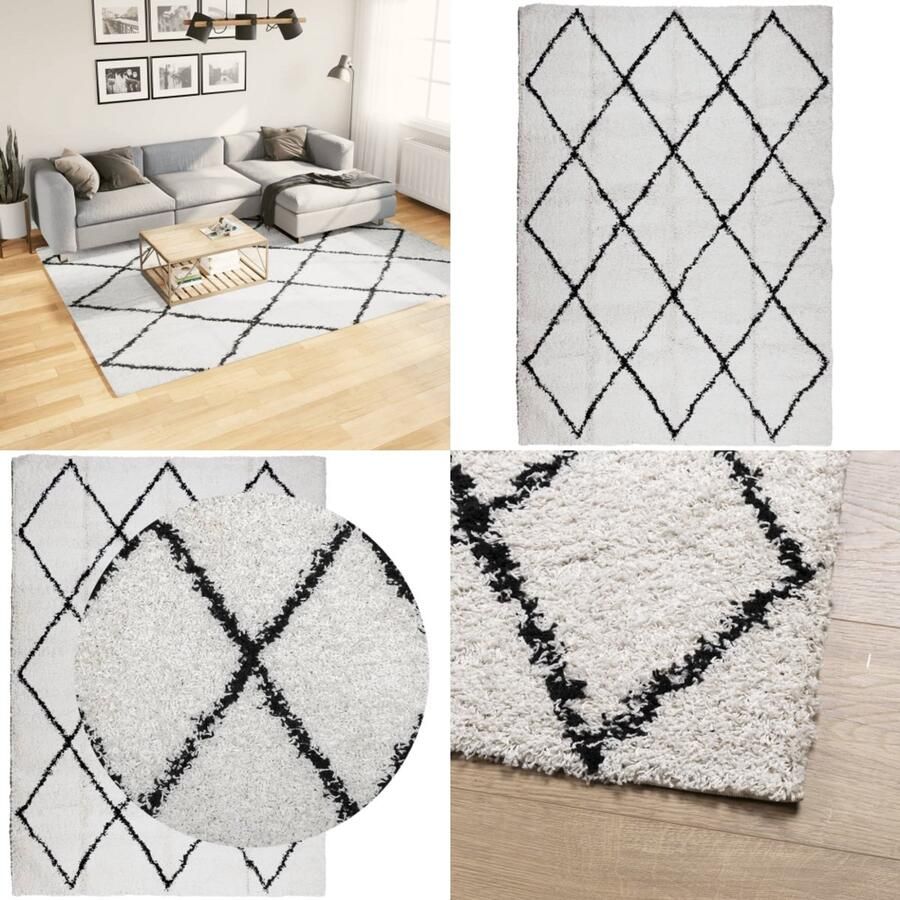 VidaXL Vloerkleed PAMPLONA shaggy hoogpolig 200x280 cm crème en zwart Vloerkleed Vloerkleden Tapijt Vloerbedekking