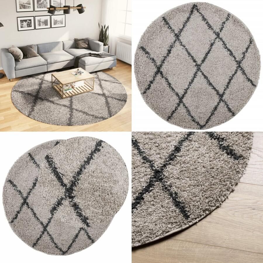 VidaXL Vloerkleed PAMPLONA shaggy hoogpolig Ø 240 cm beige antraciet Vloerkleed Vloerkleden Tapijt Vloerbedekking