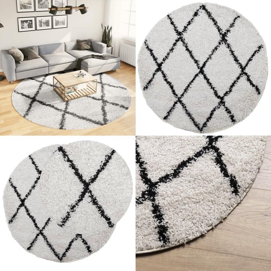 VidaXL Vloerkleed PAMPLONA shaggy hoogpolig Ø 240 cm crème en zwart Vloerkleed Vloerkleden Tapijt Vloerbedekking