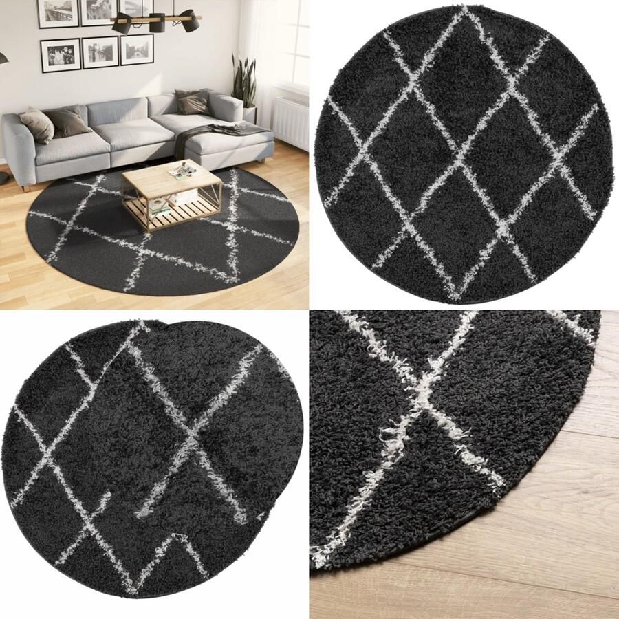 VidaXL Vloerkleed PAMPLONA shaggy hoogpolig Ø 240 cm zwart en crème Vloerkleed Vloerkleden Tapijt Vloerbedekking