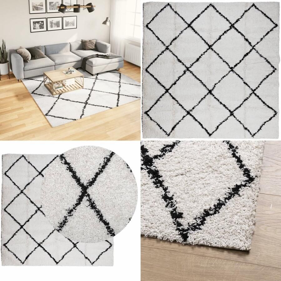 VidaXL Vloerkleed PAMPLONA shaggy hoogpolig 240x240 cm crème en zwart Vloerkleed Vloerkleden Tapijt Vloerbedekking