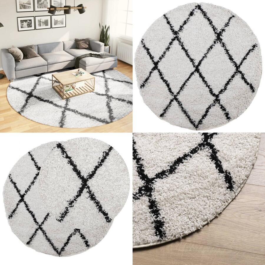 VidaXL Vloerkleed PAMPLONA shaggy hoogpolig Ø 280 cm crème en zwart Vloerkleed Vloerkleden Tapijt Vloerbedekking