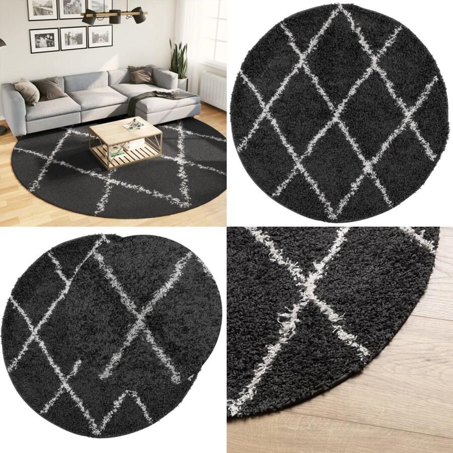 VidaXL Vloerkleed PAMPLONA shaggy hoogpolig Ø 280 cm zwart en crème Vloerkleed Vloerkleden Tapijt Vloerbedekking
