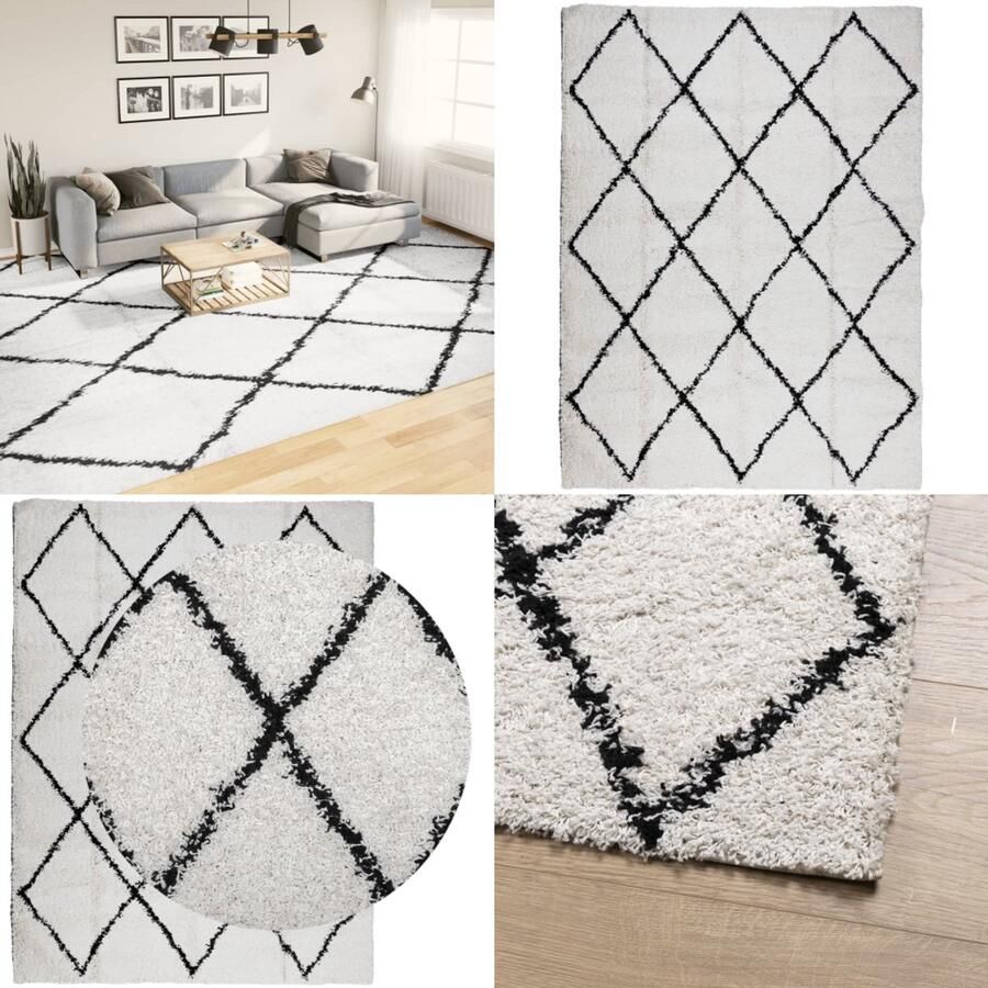 VidaXL Vloerkleed PAMPLONA shaggy hoogpolig 300x400 cm crème en zwart Vloerkleed Vloerkleden Tapijt Vloerbedekking