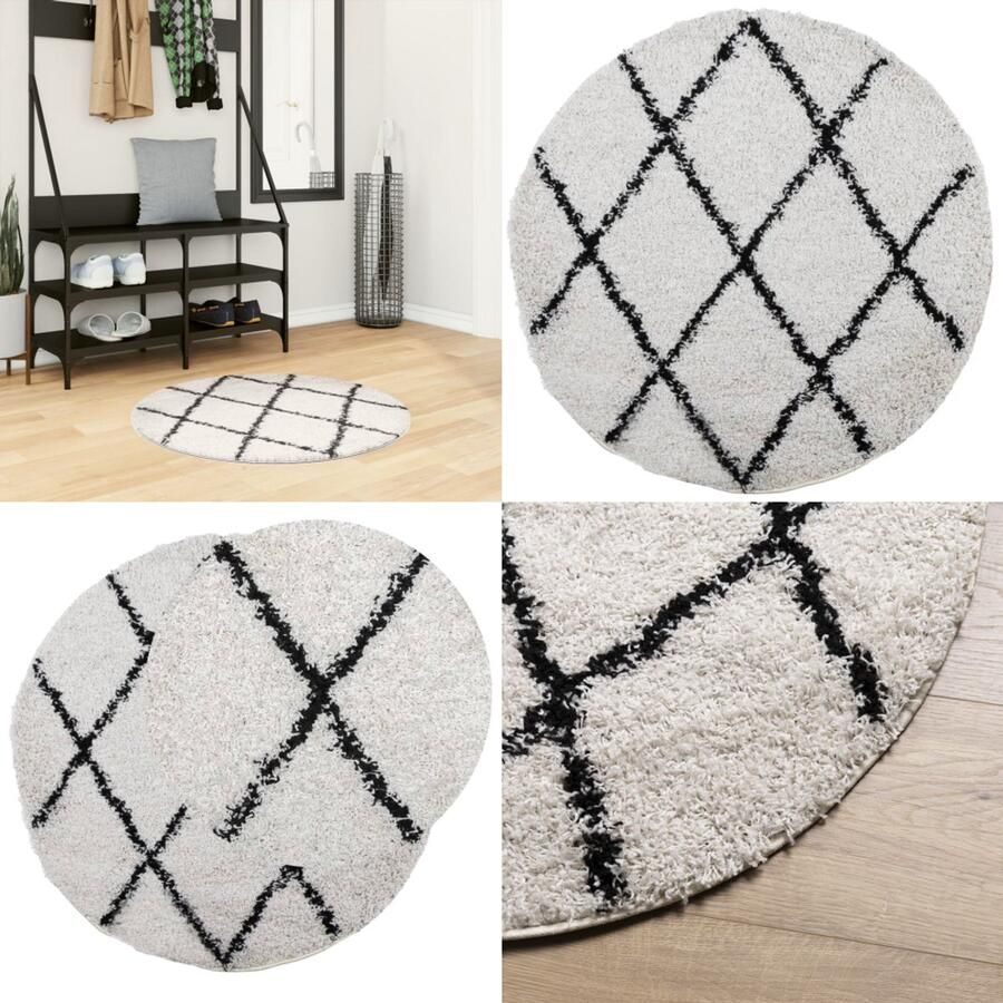 VidaXL Vloerkleed PAMPLONA shaggy hoogpolig Ø 80 cm crème en zwart Vloerkleed Vloerkleden Tapijt Vloerbedekking