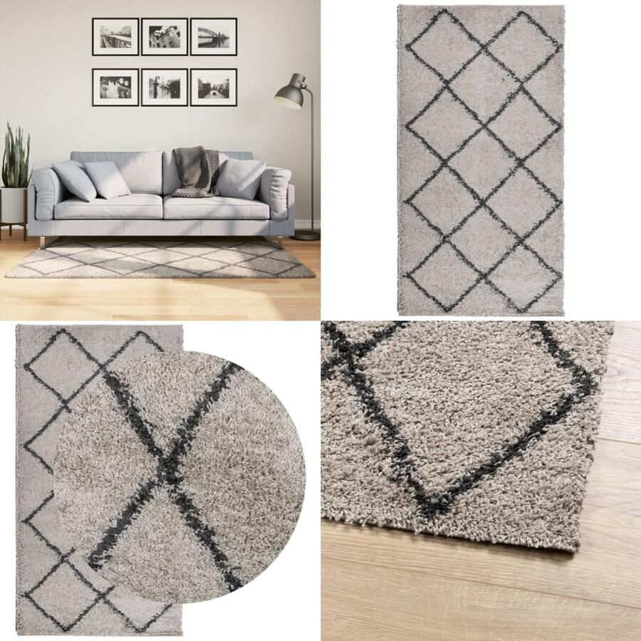 VidaXL Vloerkleed PAMPLONA shaggy hoogpolig 80x150 cm beige antraciet Vloerkleed Vloerkleden Tapijt Vloerbedekking