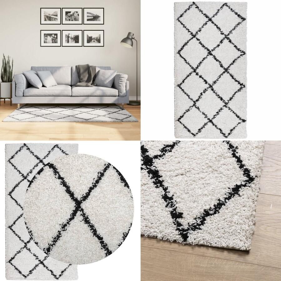 The Living Store Vloerkleed PAMPLONA shaggy hoogpolig 80x150 cm crème en zwart Shaggy Vloerkleed Woonkamer Tapijt Living Room Decor Vloerbekleding Kruipend Kinderspeelmatje