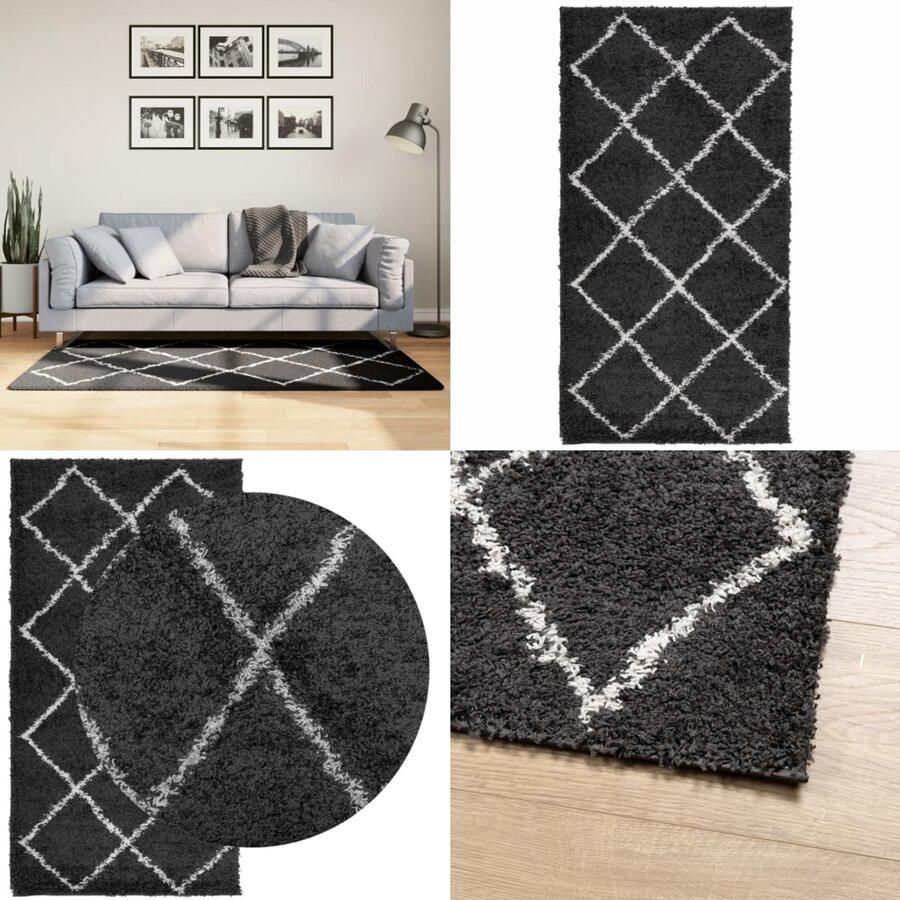 VidaXL Vloerkleed PAMPLONA shaggy hoogpolig 80x150 cm zwart en crème Vloerkleed Vloerkleden Tapijt Vloerbedekking