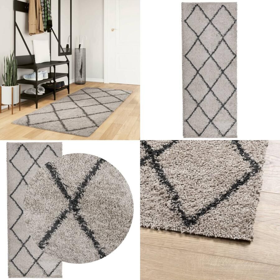 VidaXL Vloerkleed PAMPLONA shaggy hoogpolig 80x200 cm beige antraciet Vloerkleed Vloerkleden Tapijt Vloerbedekking