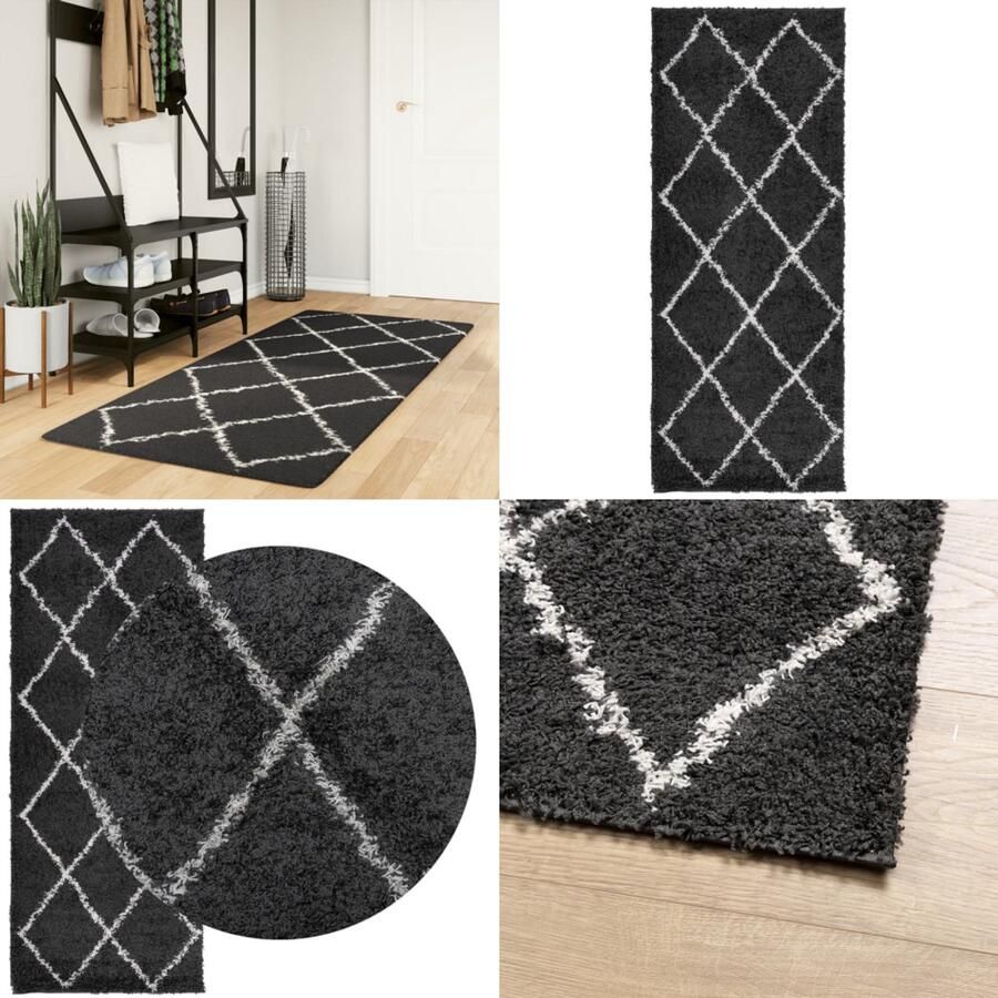 VidaXL Vloerkleed PAMPLONA shaggy hoogpolig 80x200 cm zwart en crème Vloerkleed Vloerkleden Tapijt Vloerbedekking