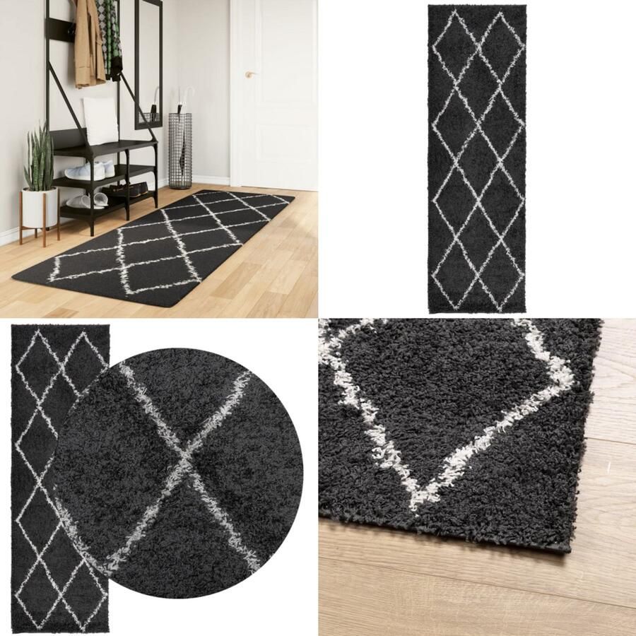 VidaXL Vloerkleed PAMPLONA shaggy hoogpolig 80x250 cm zwart en crème Vloerkleed Vloerkleden Tapijt Vloerbedekking