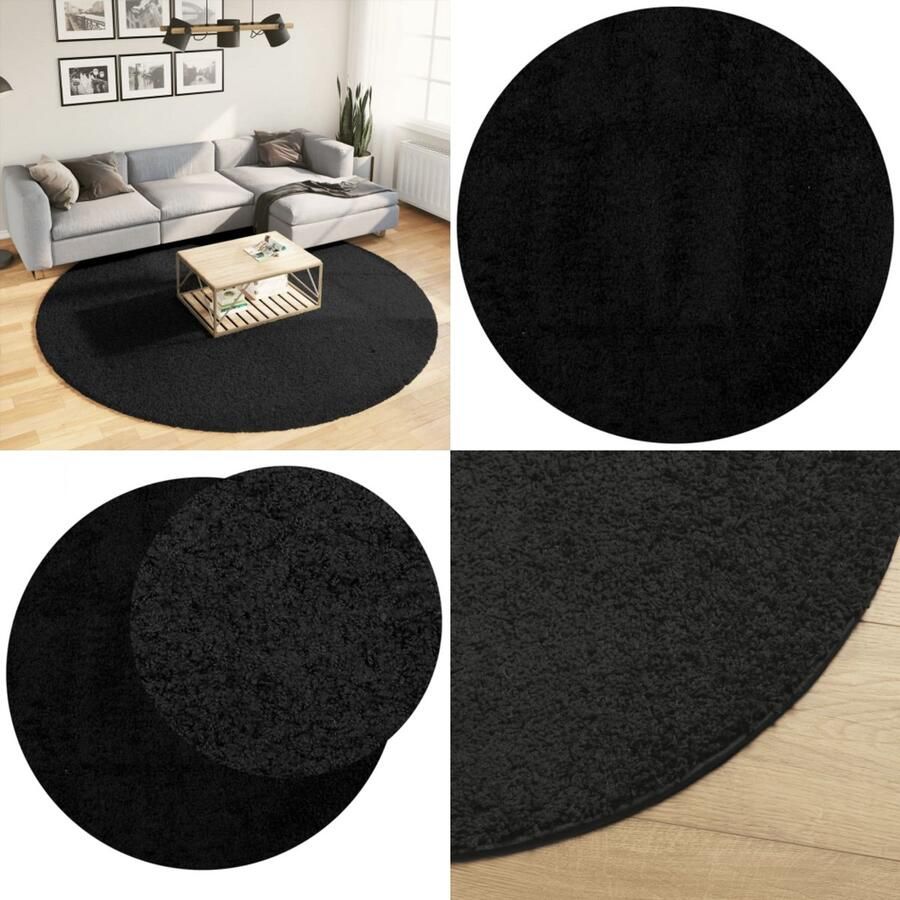 VidaXL Vloerkleed PAMPLONA shaggy hoogpolig modern Ø 240 cm zwart Vloerkleed Vloerkleden Tapijt Vloerbedekking