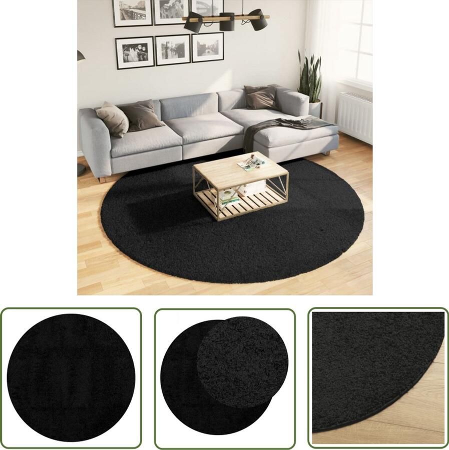 The Living Store PAMPLONA Vloerkleed 240 cm Diameter Zwart 100% Polypropeen 30 mm Poolhoogte Shaggy Vloerkleed Woonkamer Tapijt Slaapkamer Tapijt Rond Vloerkleed Zwart Vloerkleed