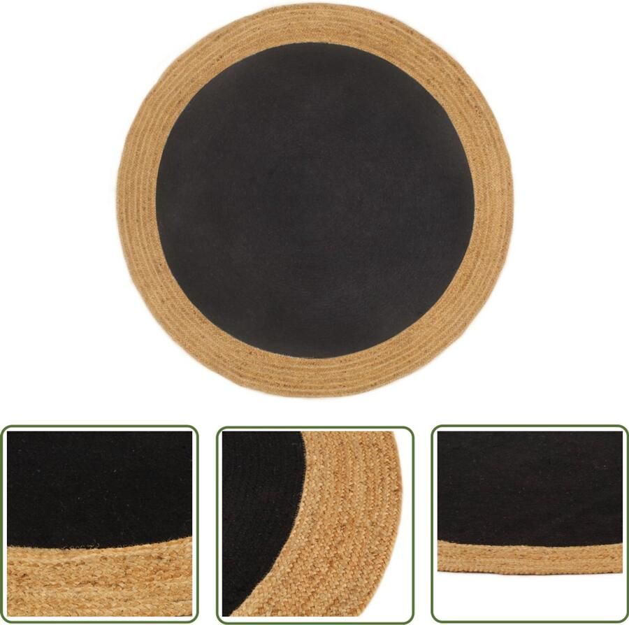 VidaXL Vloerkleed Rond Jute en Katoen 150 cm Geweven Tapijt Ronde Tapijten Natuurlijke Materialen Jute Tapijt Katoen Tapijt Zwarte Tapijten Neutrale Kleuren Woonaccessoires