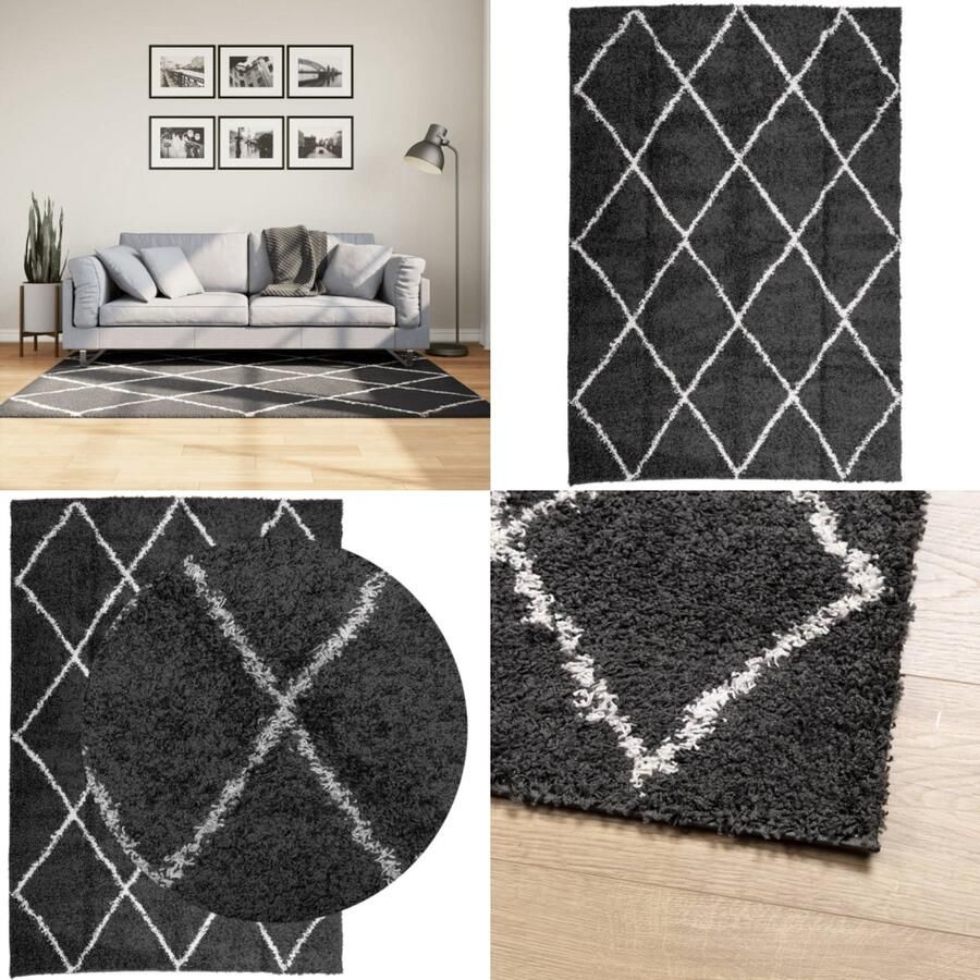 VidaXL Vloerkleed shaggy hoogpolig modern 120x170 cm zwart en crème Vloerkleed Vloerkleden Tapijt Vloerbedekking