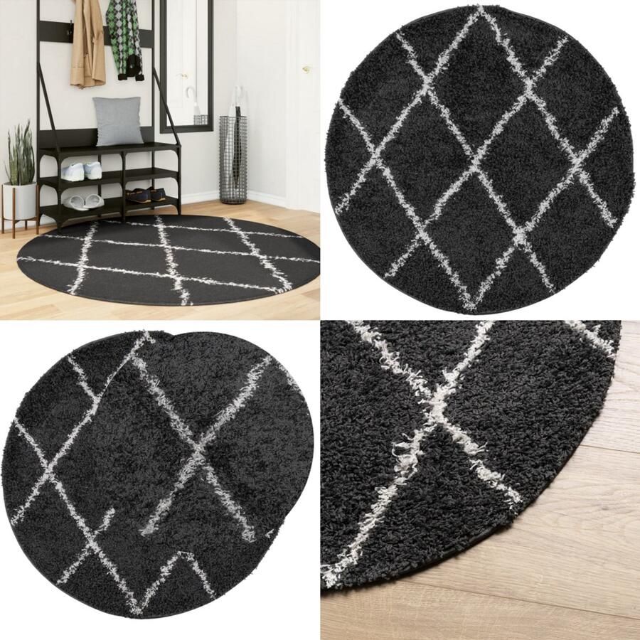 VidaXL Vloerkleed shaggy hoogpolig modern Ø 160 cm zwart en crème Vloerkleed Vloerkleden Tapijt Vloerbedekking