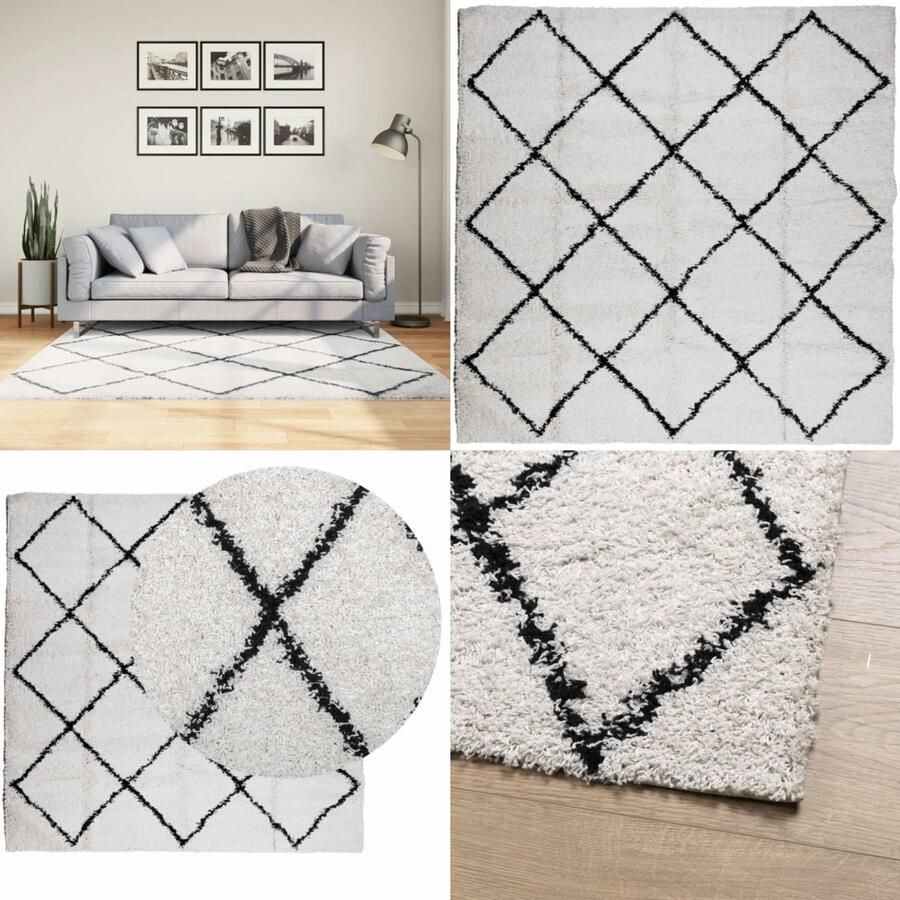 VidaXL Vloerkleed shaggy hoogpolig modern 160x160 cm crème en zwart Vloerkleed Vloerkleden Tapijt Vloerbedekking