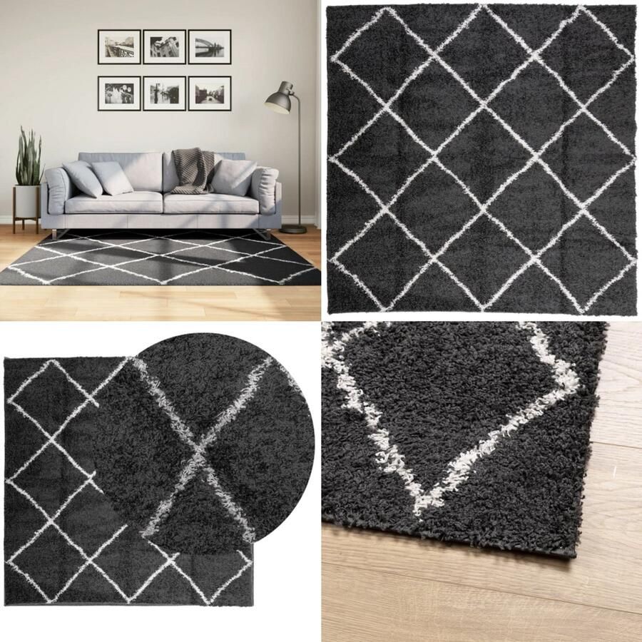 VidaXL Vloerkleed shaggy hoogpolig modern 160x160 cm zwart en crème Vloerkleed Vloerkleden Tapijt Vloerbedekking