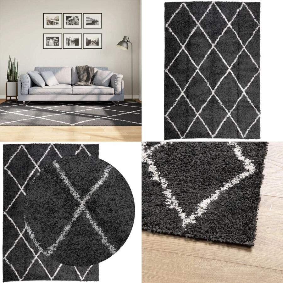VidaXL Vloerkleed shaggy hoogpolig modern 160x230 cm zwart en crème Vloerkleed Vloerkleden Tapijt Vloerbedekking
