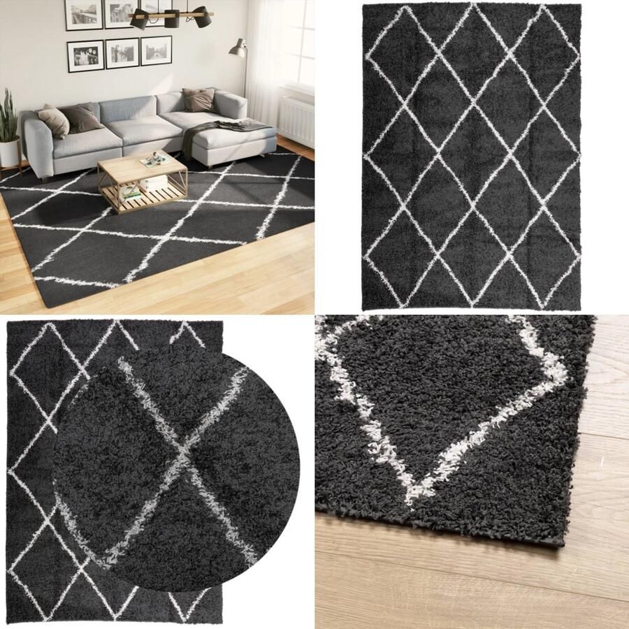 VidaXL Vloerkleed shaggy hoogpolig modern 240x340 cm zwart en crème Vloerkleed Vloerkleden Tapijt Vloerbedekking