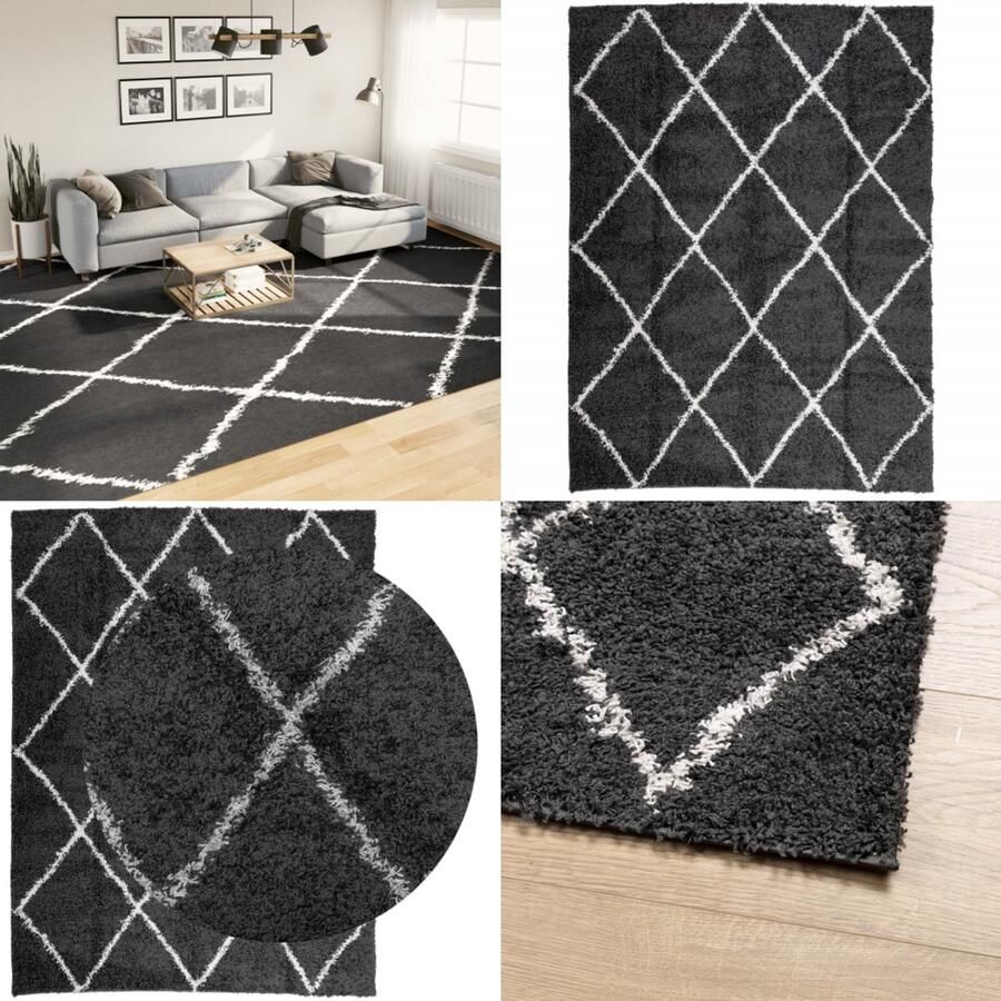 VidaXL Vloerkleed shaggy hoogpolig modern 300x400 cm zwart en crème Vloerkleed Vloerkleden Tapijt Vloerbedekking