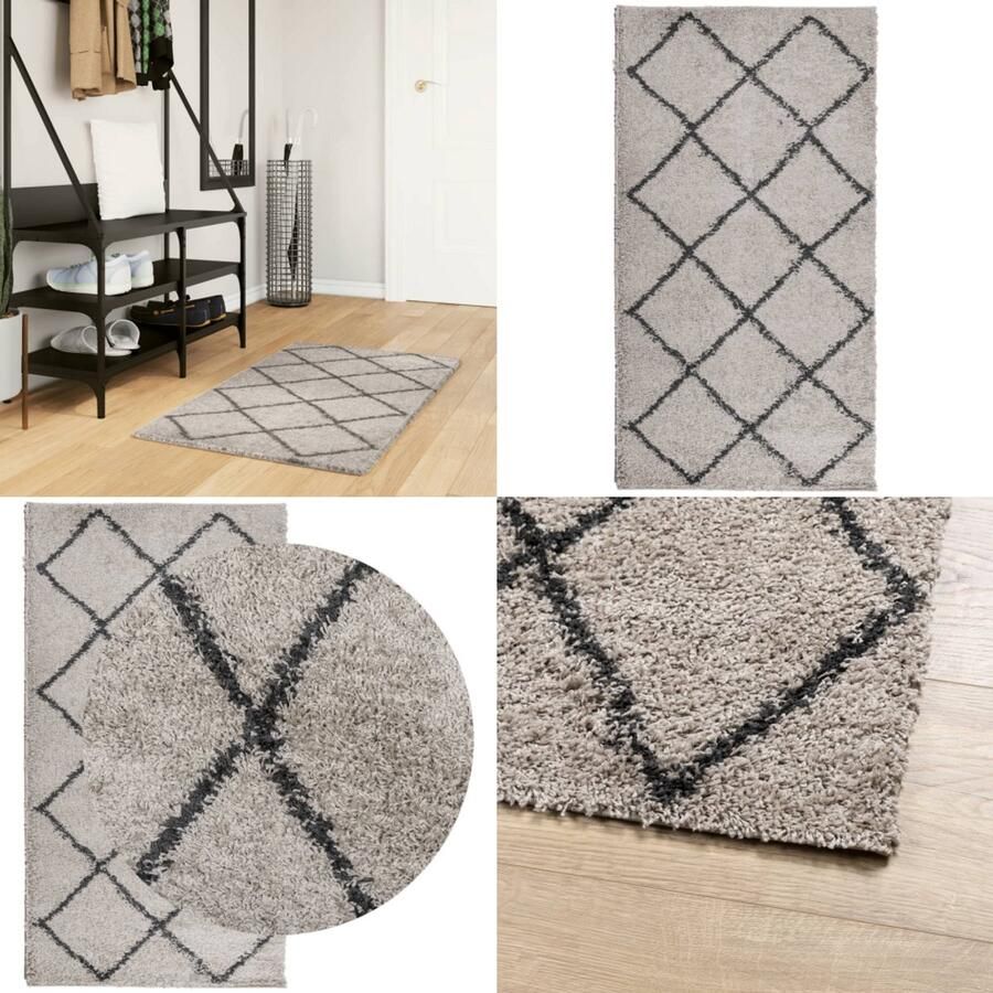 VidaXL Vloerkleed shaggy hoogpolig modern 60x110 cm beige en antraciet Vloerkleed Vloerkleden Tapijt Vloerbedekking