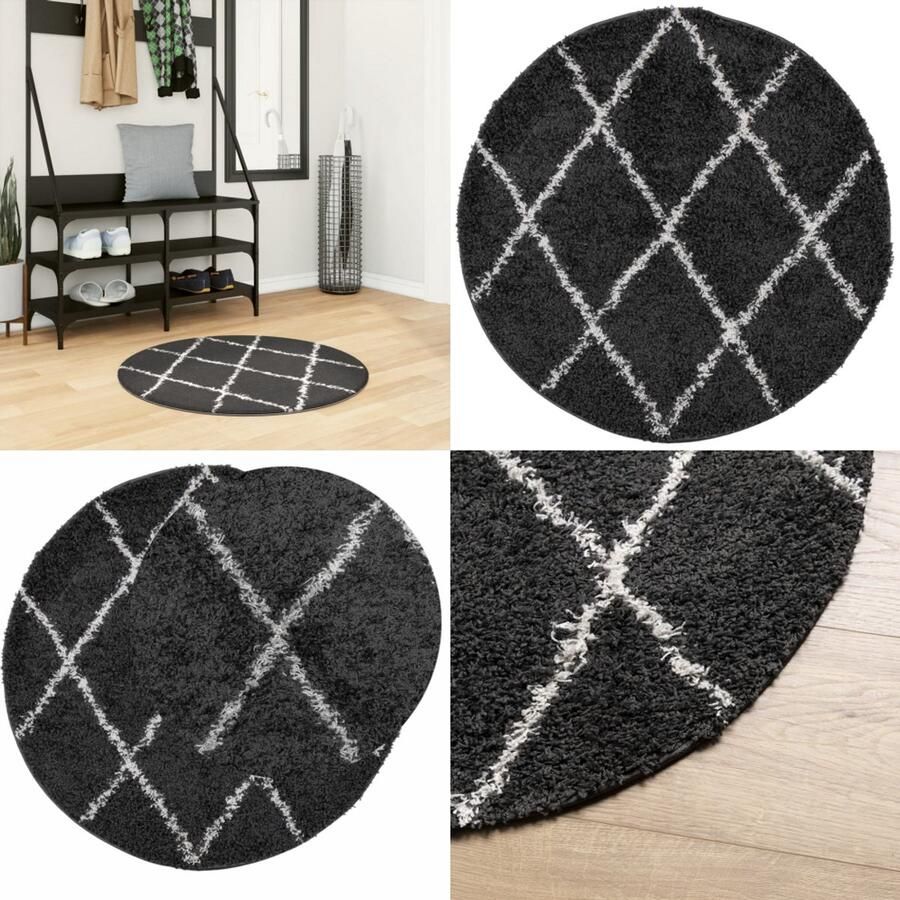 VidaXL Vloerkleed shaggy hoogpolig modern Ø 80 cm zwart en crème Vloerkleed Vloerkleden Tapijt Vloerbedekking