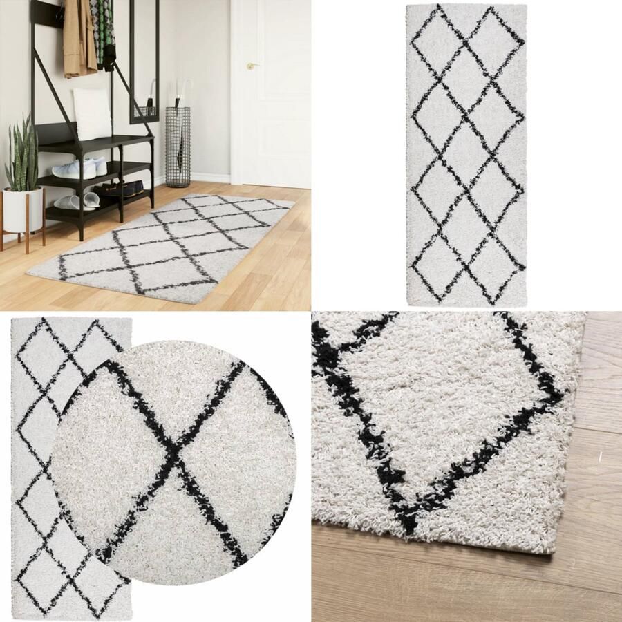 VidaXL Vloerkleed shaggy hoogpolig modern 80x200 cm crème en zwart Vloerkleed Vloerkleden Tapijt Vloerbedekking