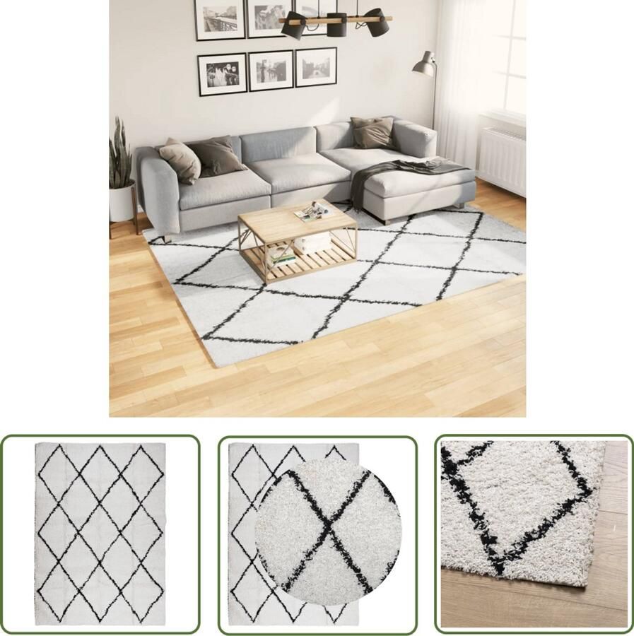 The Living Store PAMPLONA Shaggy vloerkleed 200 x 280 cm crème zwart 100% polypropeen Shaggy Vloerkleed Living Room Decor Salondecoratie Kamerdecoratie