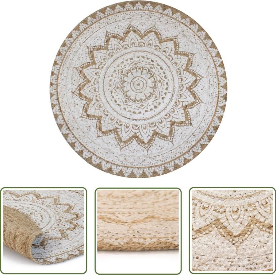 The Living Store Tapijt Mandala Naturel 90 cm Jute Handgemaakt Tapijt Vloerkleed Jute Tapijt Mandala Tapijt Rond Tapijt