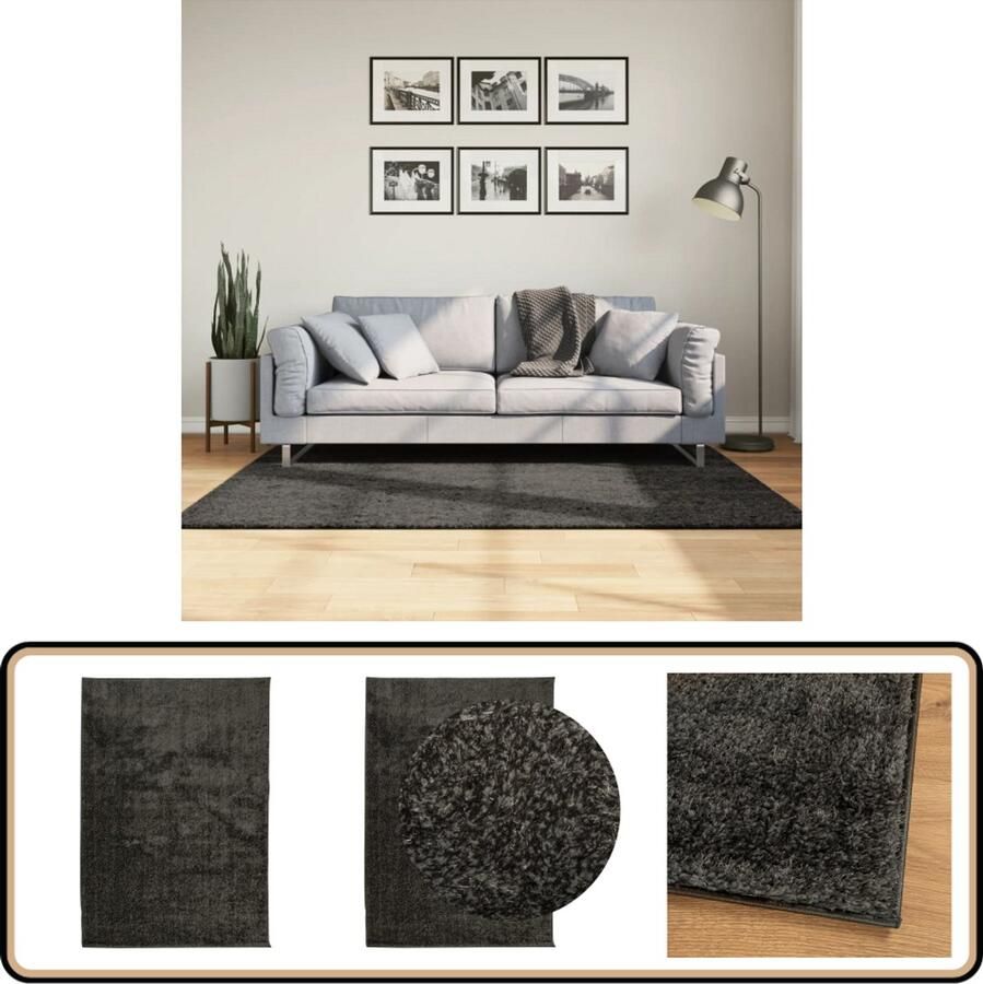 VidaXL Vloerkleed ISTAN Hoogpolig 120x170 cm Antraciet Vloerkleed Antraciet Kleurtje Zacht Tapijt Anti Slip Mat Polyester Vloerkleed