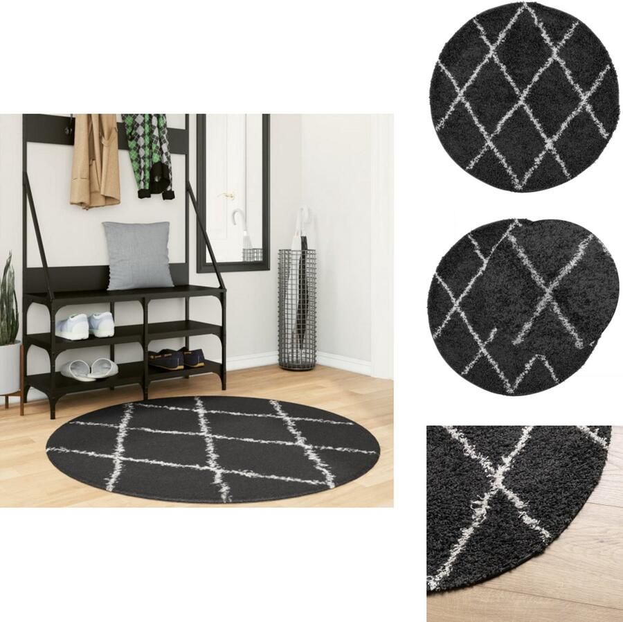 VidaXL Vloerkleed PAMPLONA Hoogpolig 120 cm Zwart Crème Shaggy Vloerkleed Zachte Vloerkleed Rond Vloerkleed Zwart Creme Vloerkleed Living Room