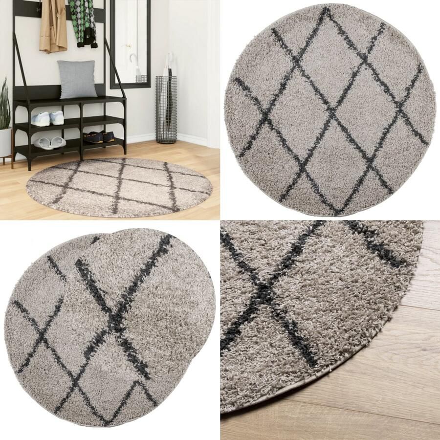 VidaXL Vloerkleed PAMPLONA shaggy hoogpolig Ø 120 cm beige antraciet Vloerkleed Vloerkleden Tapijt Vloerbedekking