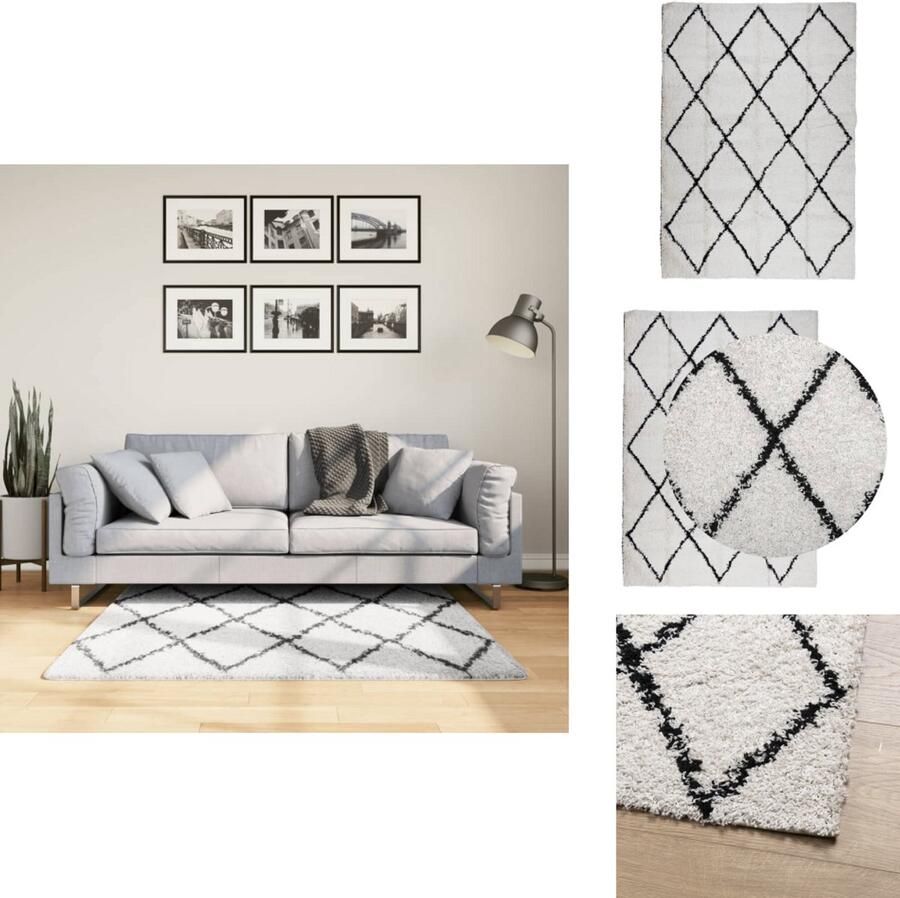 VidaXL Vloerkleed PAMPLONA Shaggy 120x170 cm Crème Zwart Shaggy Vloerkleed Polypropyleen Vloerkleed Crème Vloerkleed Zwarte Vloerkleed Woonkamer Tapijt