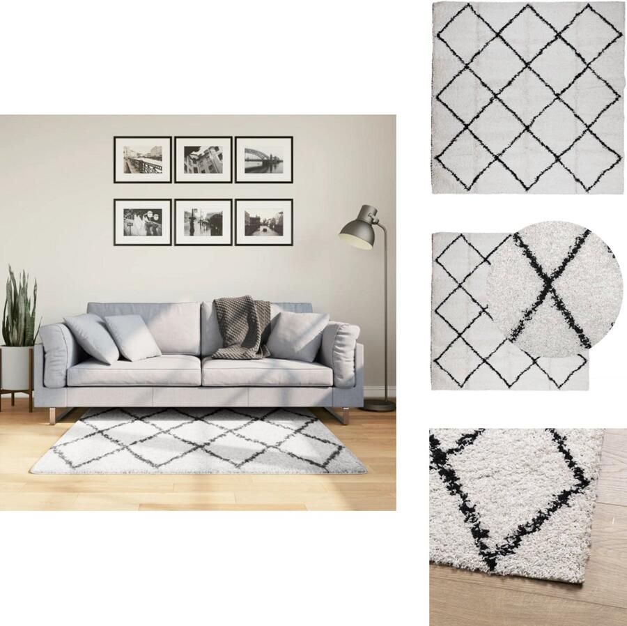 VidaXL Vloerkleed Shaggy Hoogpolig 120x120 cm crème Zwart Schaggy Vloerkleed Polypropyleen Vloerkleed Creme Zwart Living Room Decor Slaapkamer Accessoires