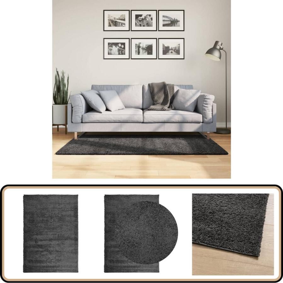 VidaXL Vloerkleed PAMPLONA 120x170 cm Antraciet Shaggy Vloerkleed Antraciet Vloerkleed Woonkamer Tapijt Slaapkamer Tapijt Vloertegels Alternatief