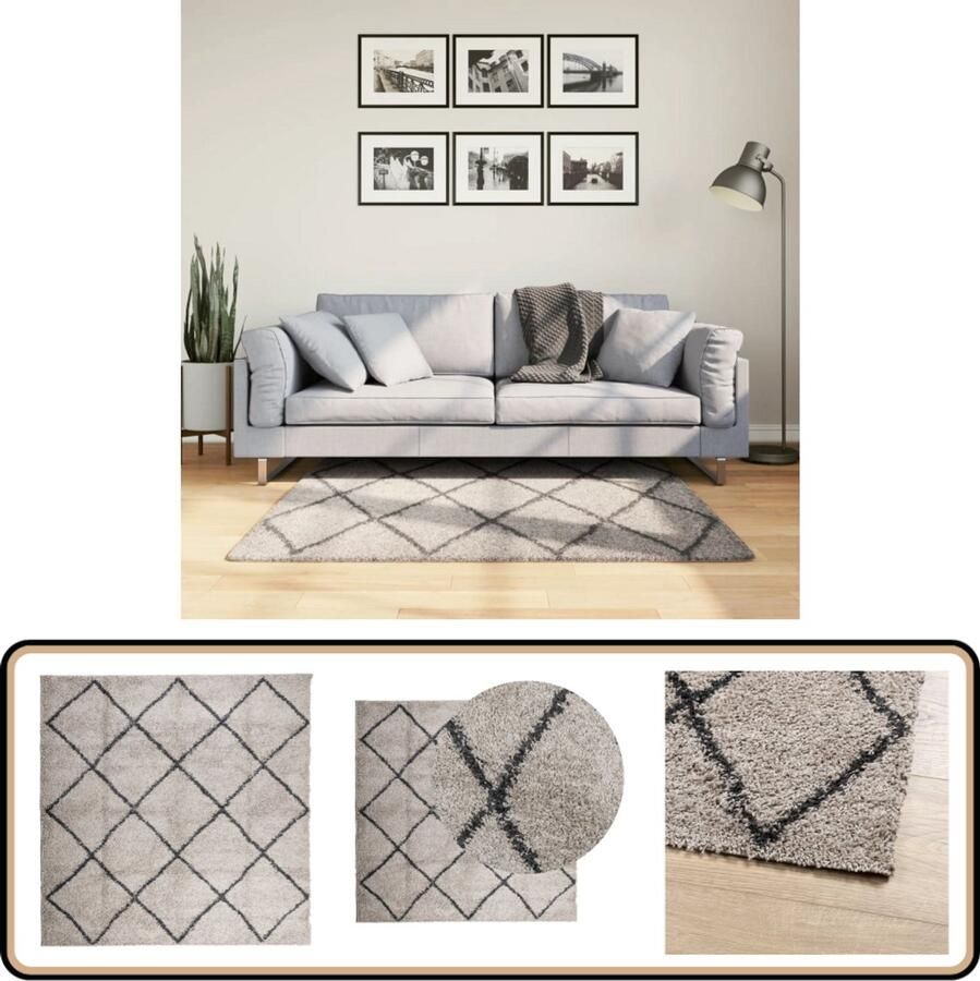 VidaXL Vloerkleed PAMPLONA Shaggy 120x120 cm Shaggy Vloerkleed Polypropyleen Vloerkleed Beige Vloerkleed Antraciet Vloerkleed Anti-slip Vloerkleed
