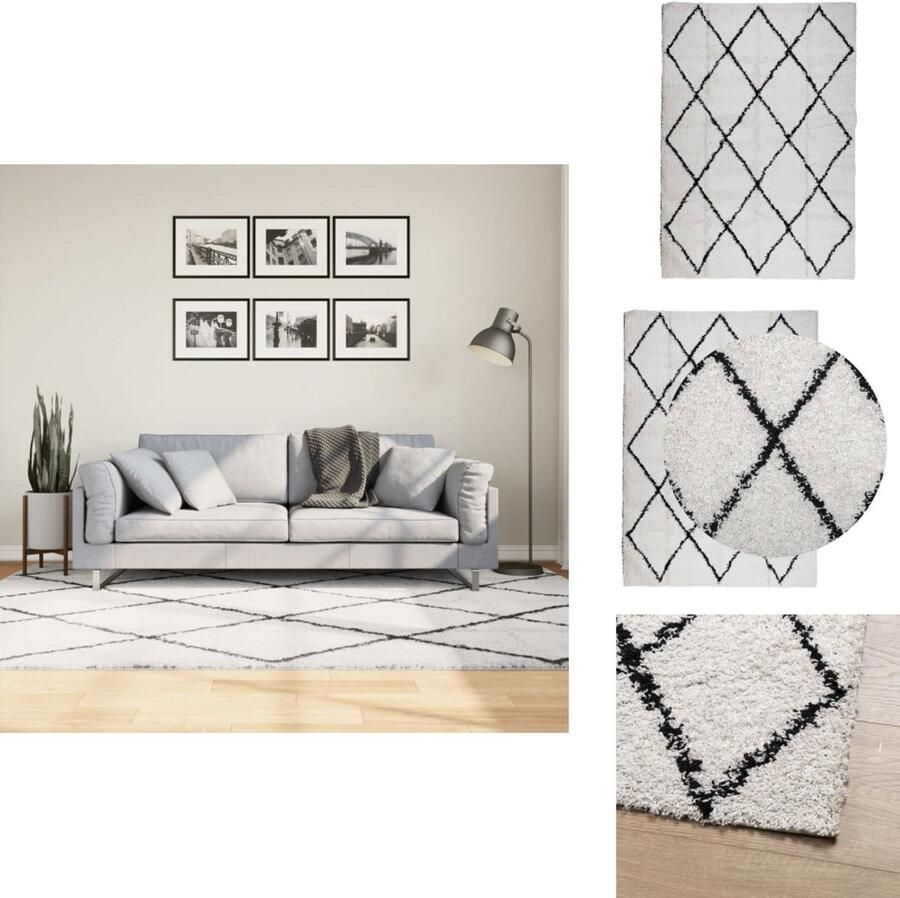 VidaXL Vloerkleed Vloerkleden Tapijt Vloerbedekking Vloerkleed PAMPLONA shaggy hoogpolig 160x230 cm crème en zwart